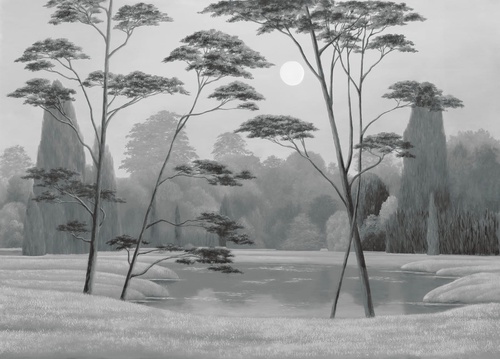 пейзаж, черно-белые, с итальянскими соснами, деревья, серые