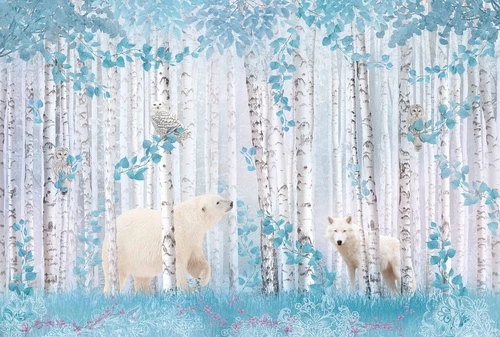 в детскую комнату, березы, белый медведь, белый волк, белые, голубая