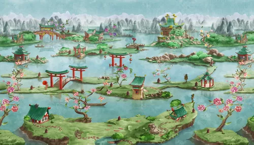 китайский пейзаж, голубые, зеленые, китайские, китайская пагода, китайские ворота, китай, китайские мосты
