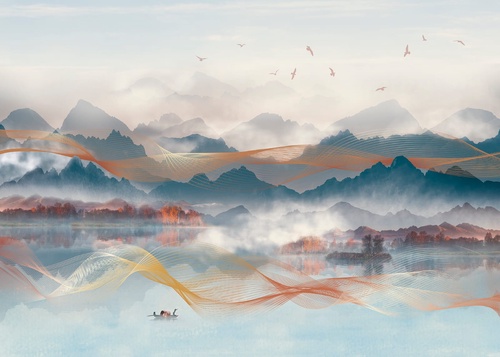 графика, горы, золотые линии, сине-голубая