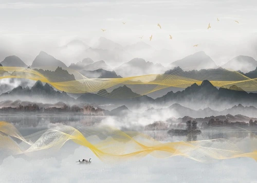 графика, горы, золотые линии, бело-серая