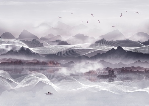 графика, горы, белые линии, черно-белые, сиреневые