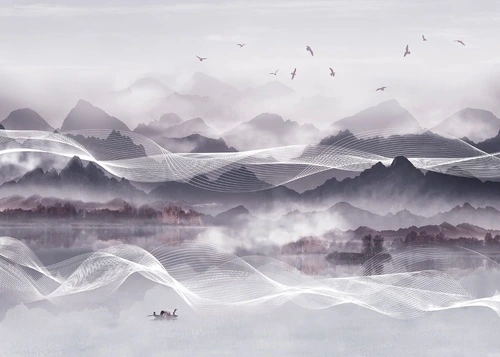 графика, горы, белые линии, черно-белые, сиреневые