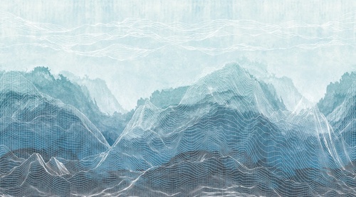 графика, горы, белые линии, сине-голубая