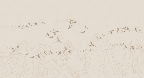 графика, бежевые, горы, птицы, линии, серо-коричневые