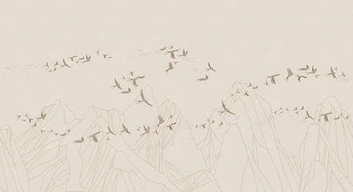 графика, бежевые, горы, птицы, линии, серо-коричневые