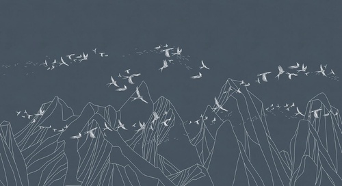 графика, горы, птицы, линии, темно серые, на темном фоне