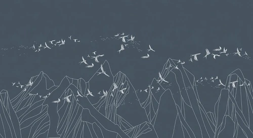 графика, горы, птицы, линии, темно серые, на темном фоне