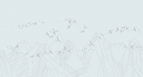 графика, горы, птицы, серые линии, светло голубая
