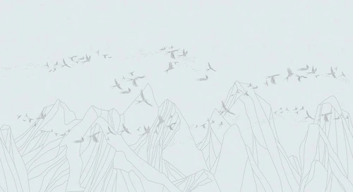 графика, горы, птицы, серые линии, светло голубая