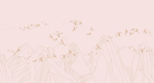 графика, горы, птицы, коричневые линии, розовая