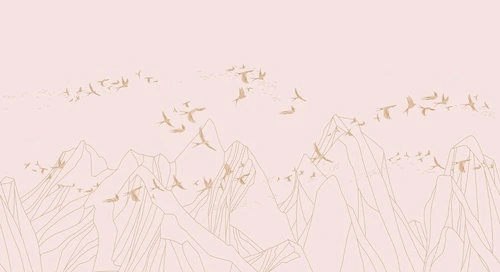 графика, горы, птицы, коричневые линии, розовая