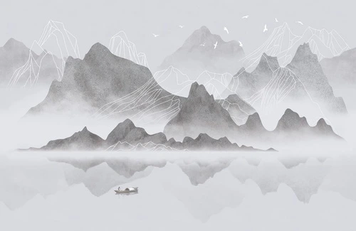 графика, черно-белые, горы, море, белые линии, лодка, японские, китайские