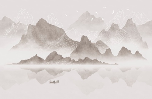 графика, бежевые, горы, белые линии, лодка, река, японские, китайские