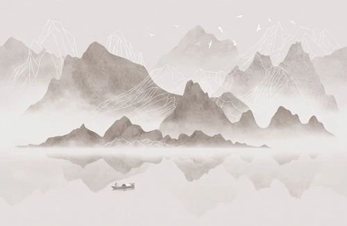 графика, бежевые, горы, белые линии, лодка, река, японские, китайские