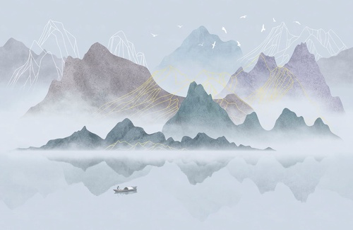 графика, горы, река, лодка, голубая, китайские, японские