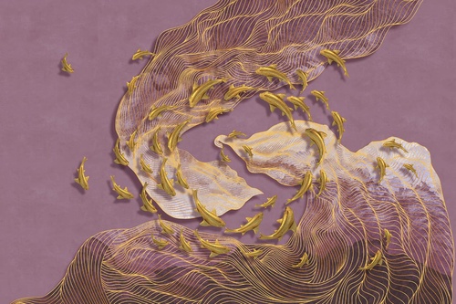 абстракция, золотые линии, рыбы, сиреневая