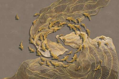 абстракция, золотые линии, рыбы, коричневая