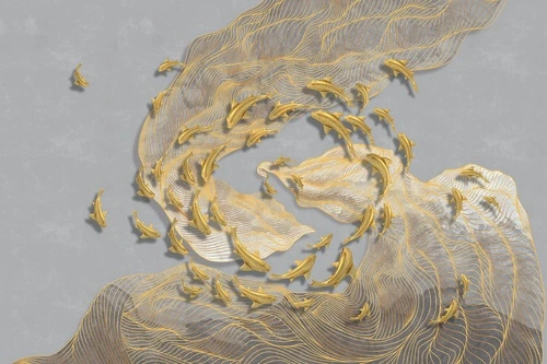 абстракция, золотые линии, рыбы, серая