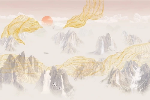 графика, золотые линии, горы, река, бежевые