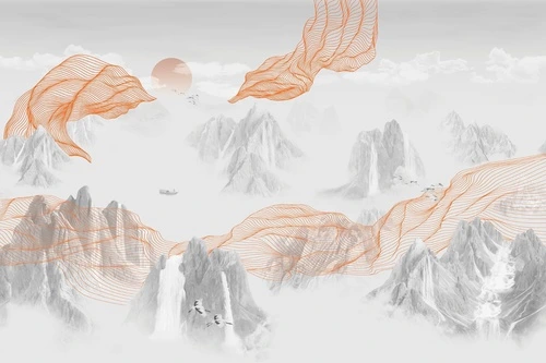 графика, медные линии, горы, река, светло серая