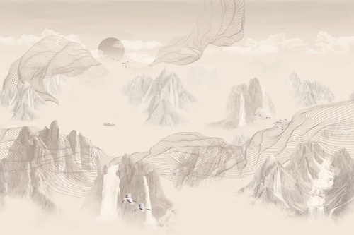 графика, бежевые, горы, река, бежевые линии, светлые