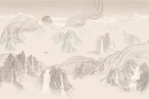 графика, бежевые, горы, река, бежевые линии, светлые