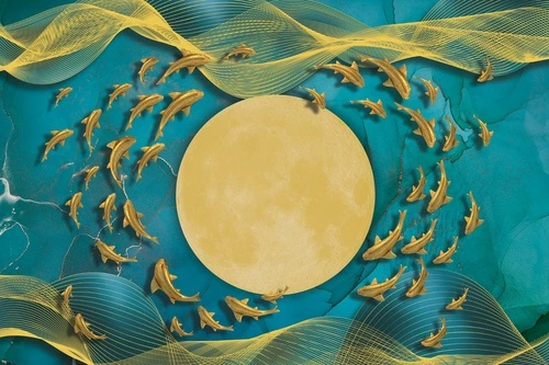 абстракция, луна, рыбы, золотые линии, бирюзовая