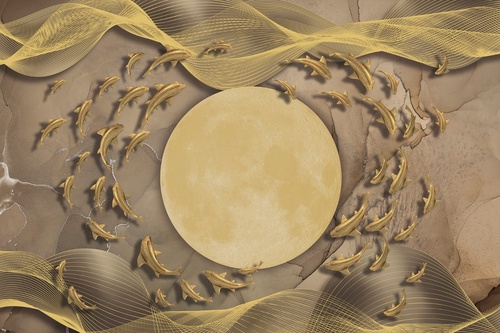 абстракция, золотые линии, луна, рыбы, светло коричневая, бежевые