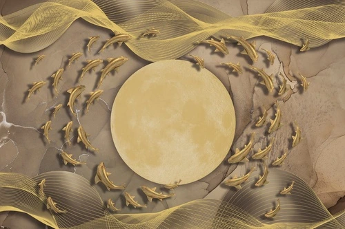 абстракция, золотые линии, луна, рыбы, светло коричневая, бежевые