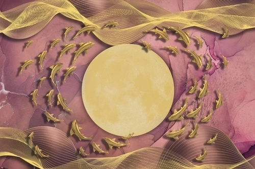 абстракция, золотые линии, луна, рыбы, сиреневая