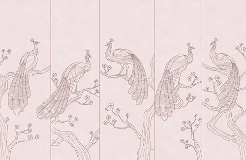 графика, павлины, светло-розовая