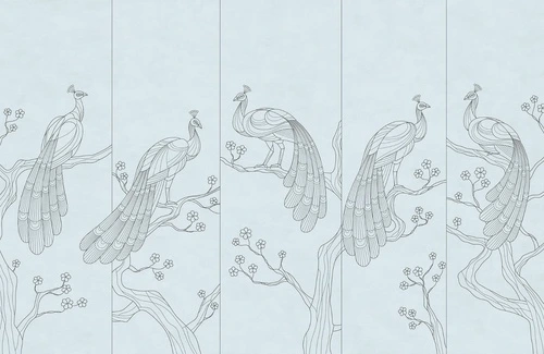 графика, павлины, серые линии, светло голубая