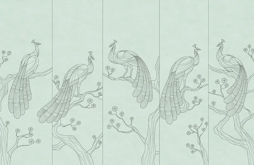 графика, павлины, серые линии, светло зеленая, салатовая