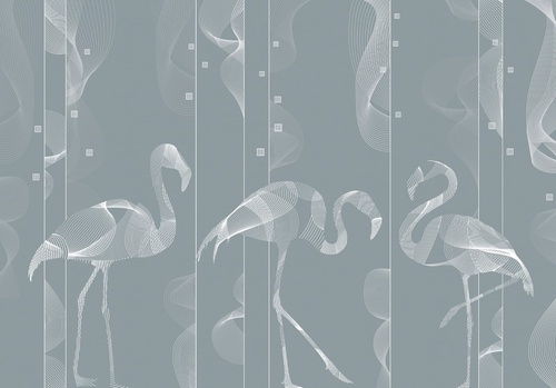 графика, фламинго, белые линии, серая