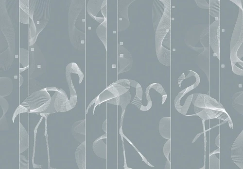 графика, фламинго, белые линии, серая