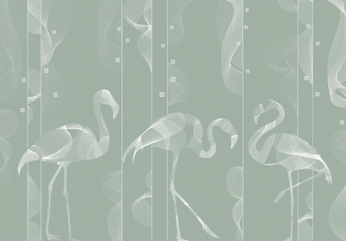 графика, фламинго, серо-зеленая, белые линии