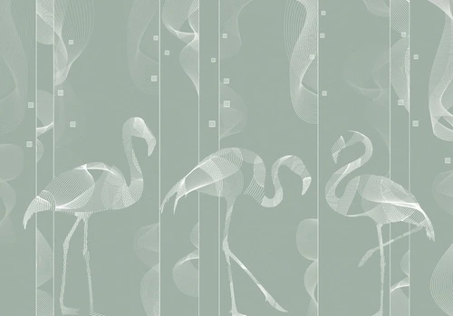 графика, фламинго, серо-зеленая, белые линии