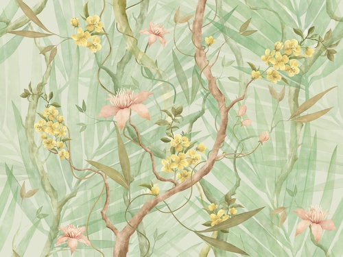 шинуазри, сад, зеленая, стволы, лианы, цветы