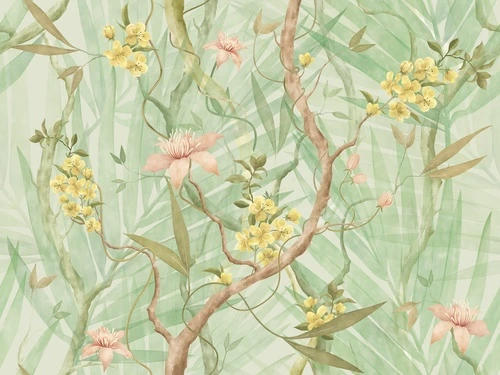 шинуазри, сад, зеленая, стволы, лианы, цветы