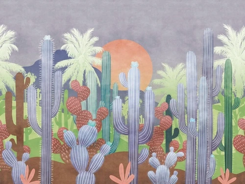 поп-арт, кактусы, сиреневая, разноцветная