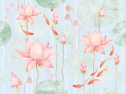 поп-арт, кувшинки, лилии, розово-голубая