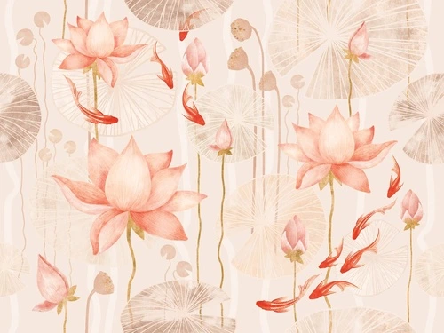 поп-арт, кувшинки, лилии, красно-розовая, персиковая