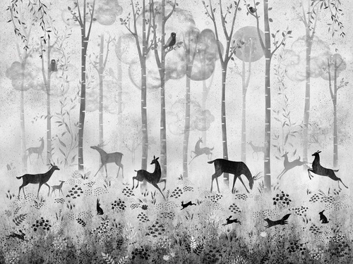 в детскую комнату, черно-белые, лес, косули