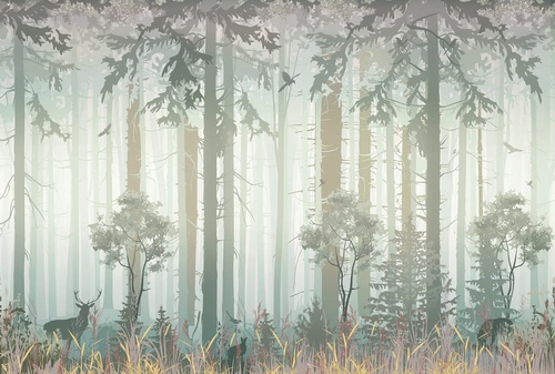 в детскую комнату, лес, олени, деревья