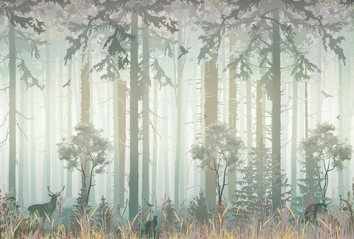 в детскую комнату, лес, олени, деревья