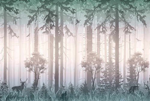 в детскую комнату, лес, зеленая, олени, деревья