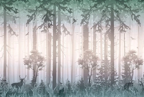 в детскую комнату, лес, зеленая, олени, деревья