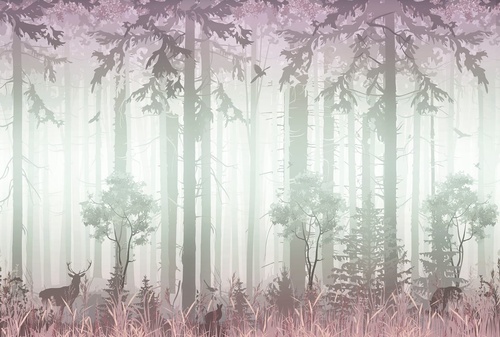 в детскую комнату, лес, сиреневая, олени, деревья