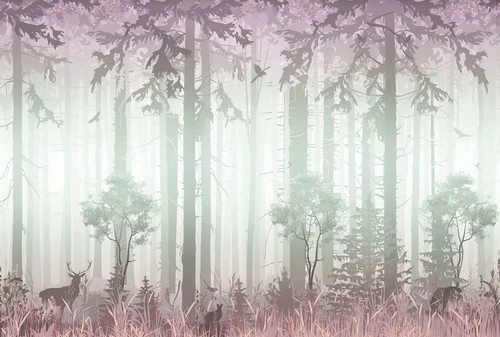 в детскую комнату, лес, сиреневая, олени, деревья